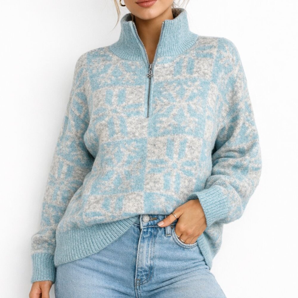 LOFT Nordic Sweater M Blue Fair Isle Mock Neck Wool Blend Quarter Zip Cozy Warm